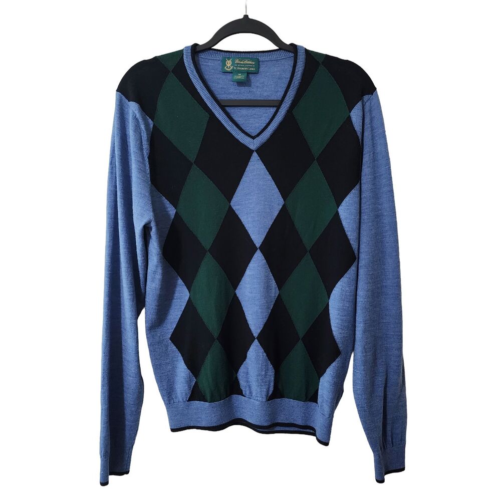 Brooks Brothers St Andrews Links Mens M Saxxon Wool Argyle Golf Pullover Blue